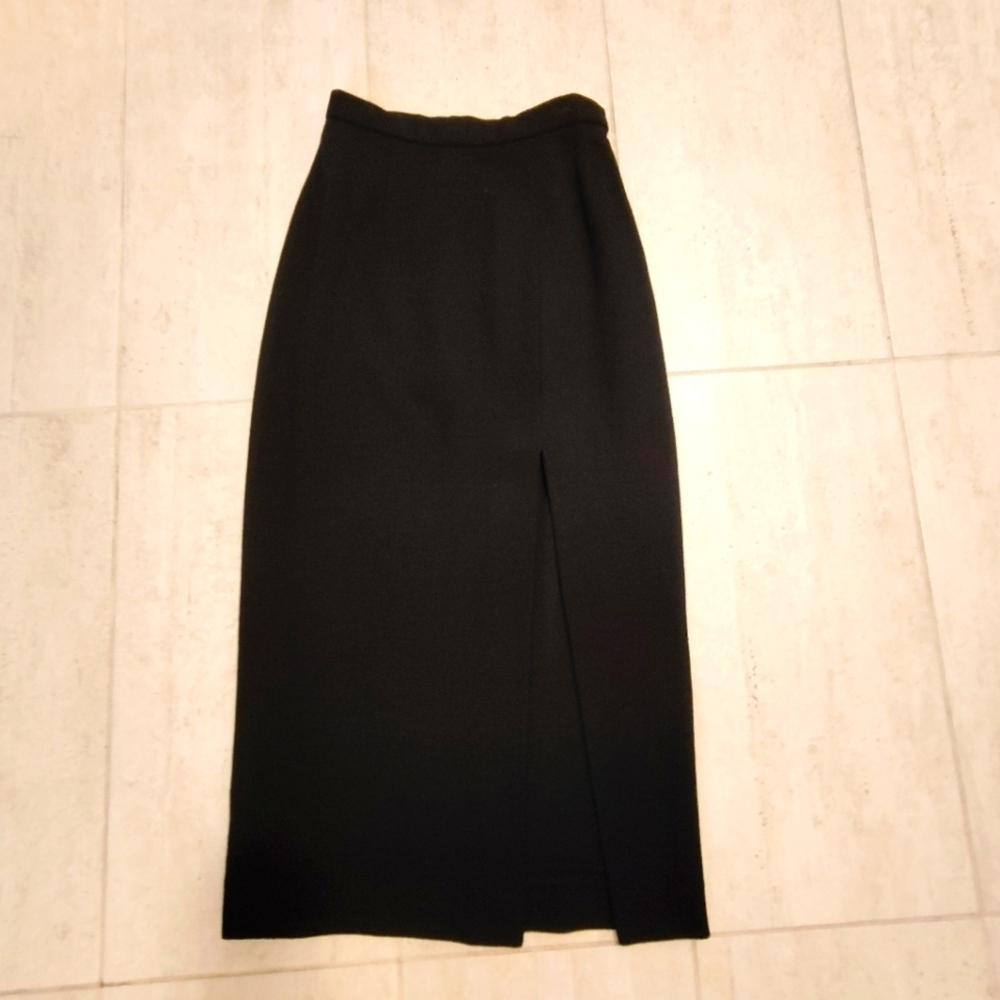 Donna Karan NEW York Vintage Black Wool Midi Skirt 12 Slit Union Made Slit - Picture 2 of 10
